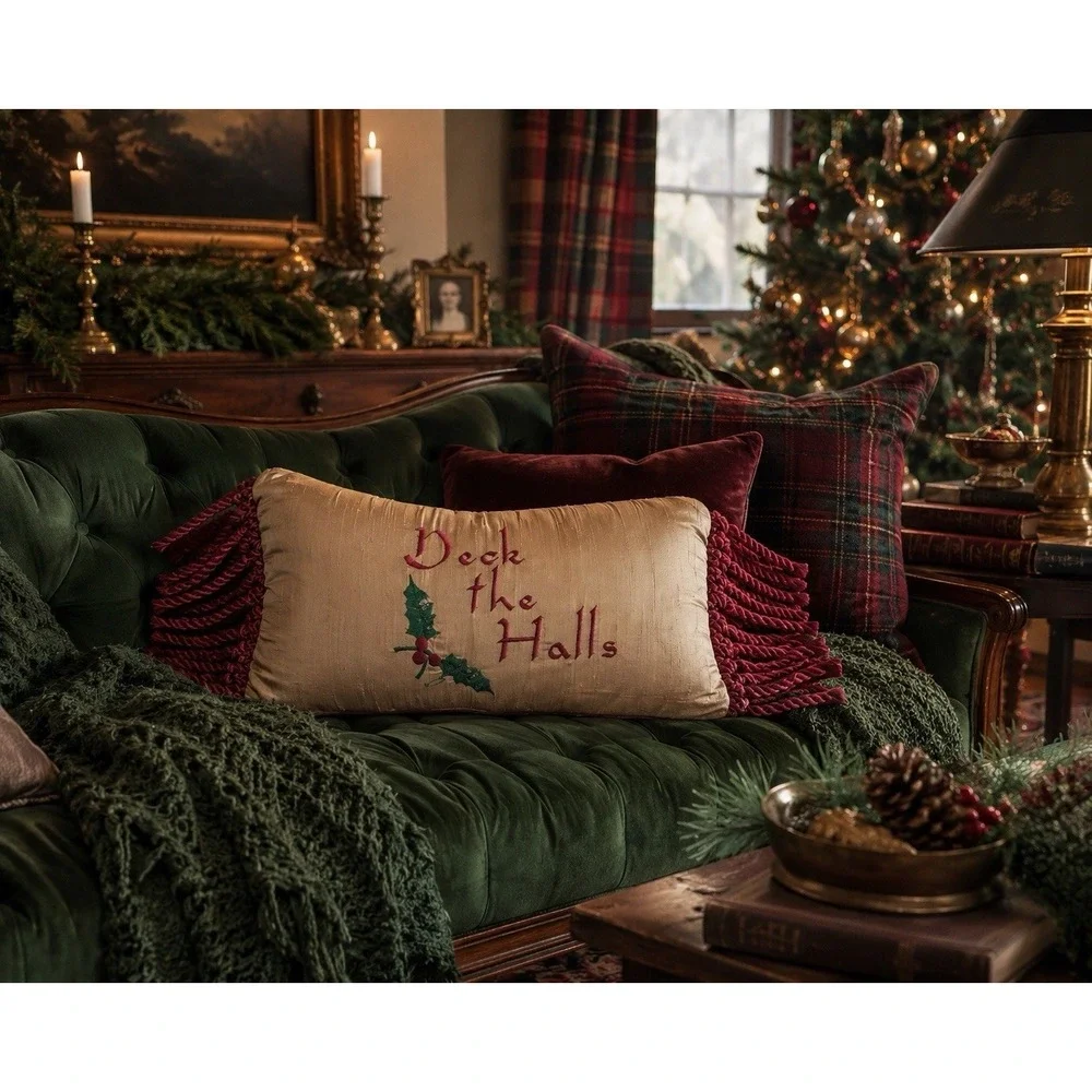 Christmas Deck the Halls Lumbar Pillow Gold Silk Fringe Embroidered VTG 1950s